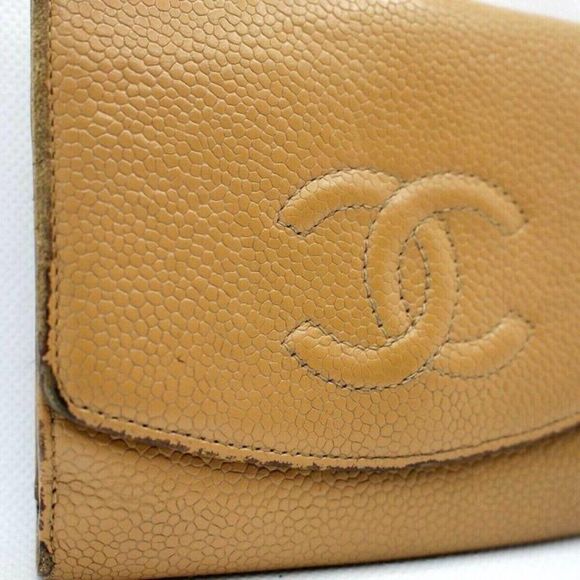 CHANEL CC LOGO CAVIAR SKIN BIFOLD WALLET BEIGE LEATHER COIN PURSE - Picture 3 of 12